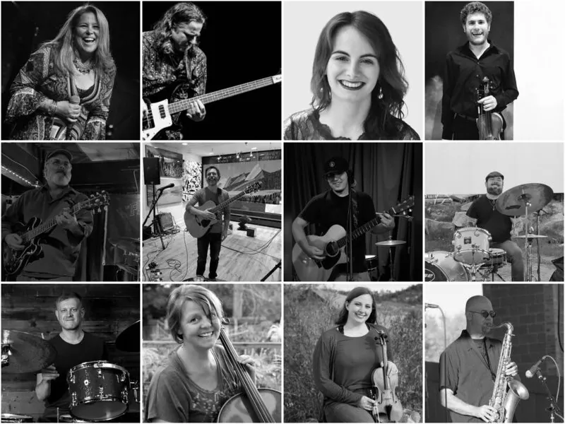 Black and white collage of the Mojo's Music Academy instructors